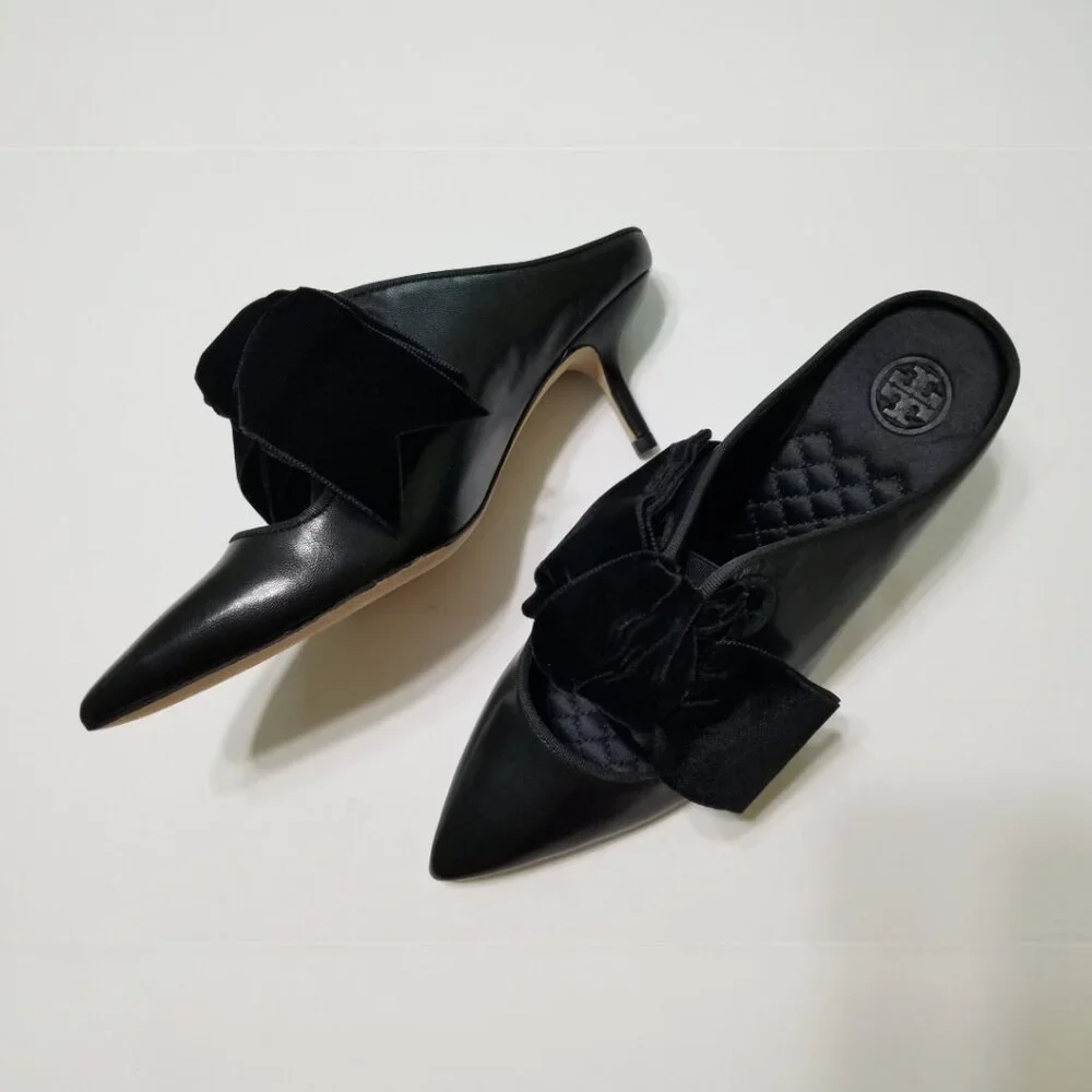 NWOB Tory Burch Clara Leather Mule w. Velvet Bow, Pointed Toe, Perfect‎ Black